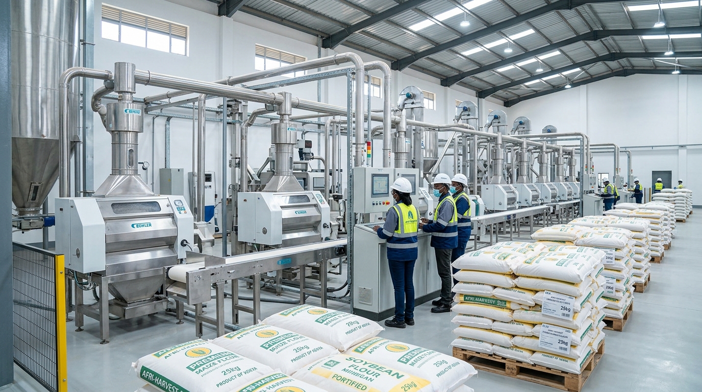 Intérieur de la minoterie moderne CICOAGRI avec des ingénieurs congolais